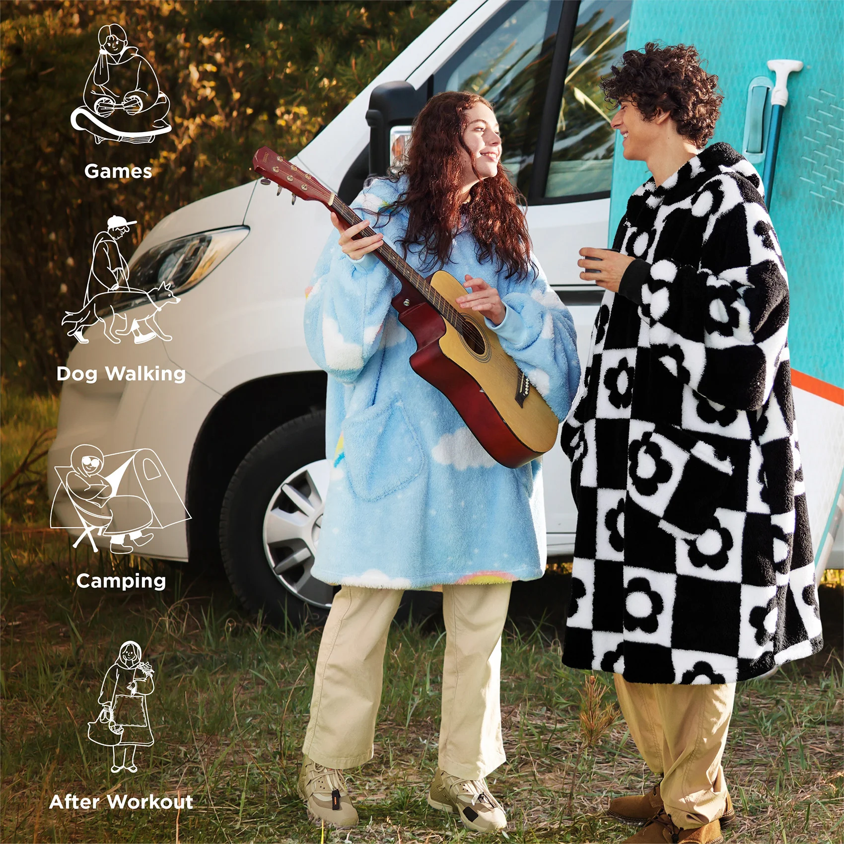 GentleSoft® Printed Shaggy Sherpa Blanket Hoodie Sea Foam