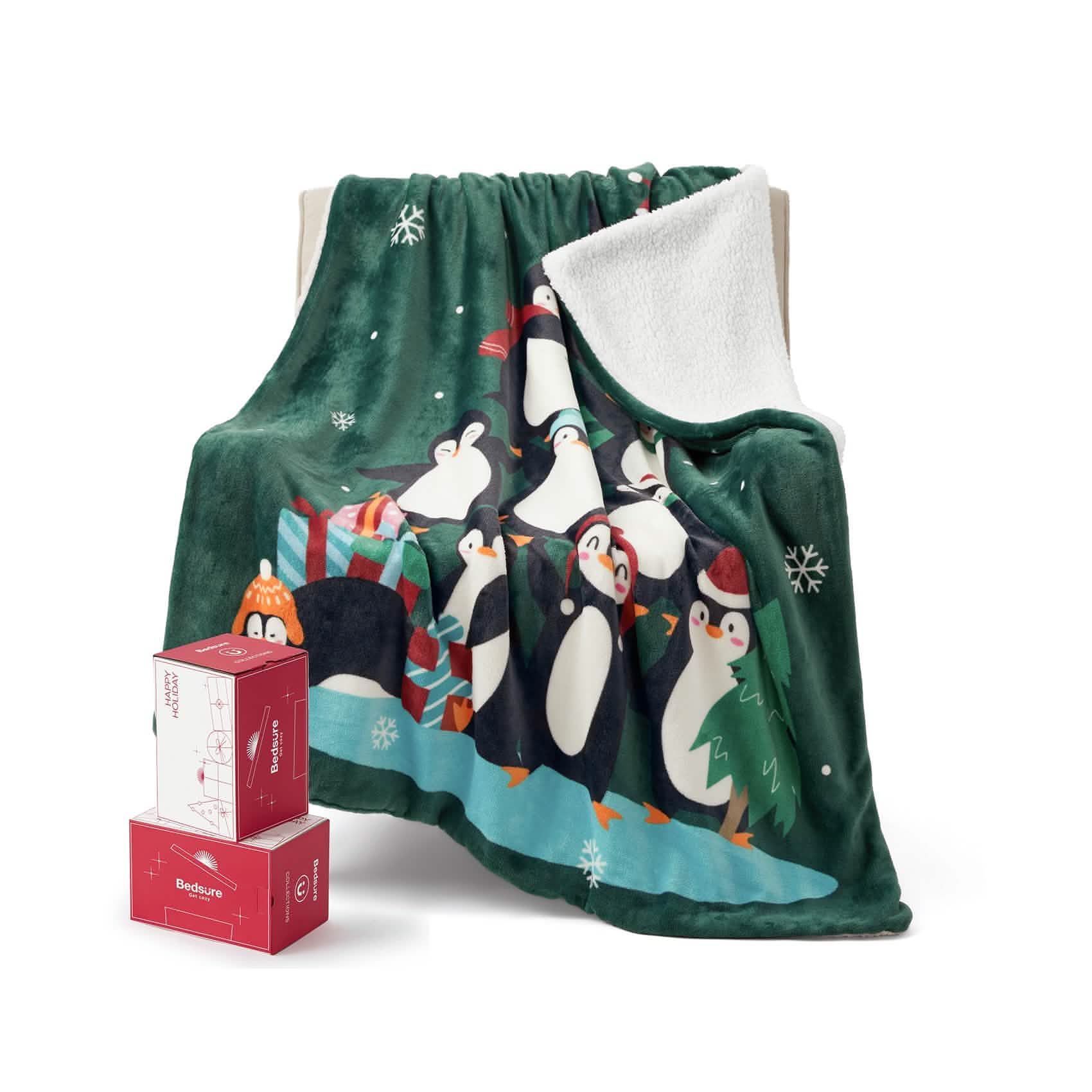 GentleSoft® Christmas Penguin Green Sherpa Throw Blanket
