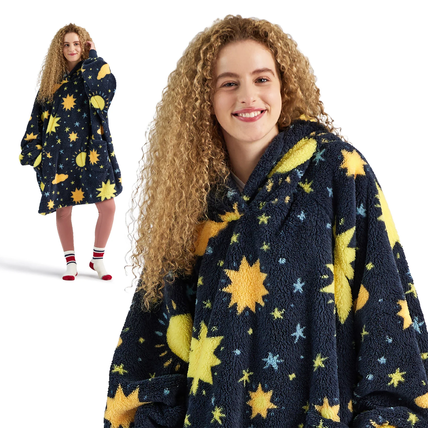 GentleSoft® Printed Shaggy Sherpa Blanket Hoodie Navy Blue