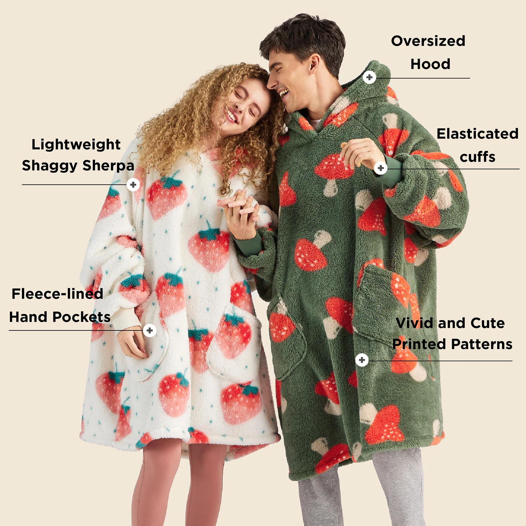 GentleSoft® Printed Shaggy Sherpa Blanket Hoodie Ivory