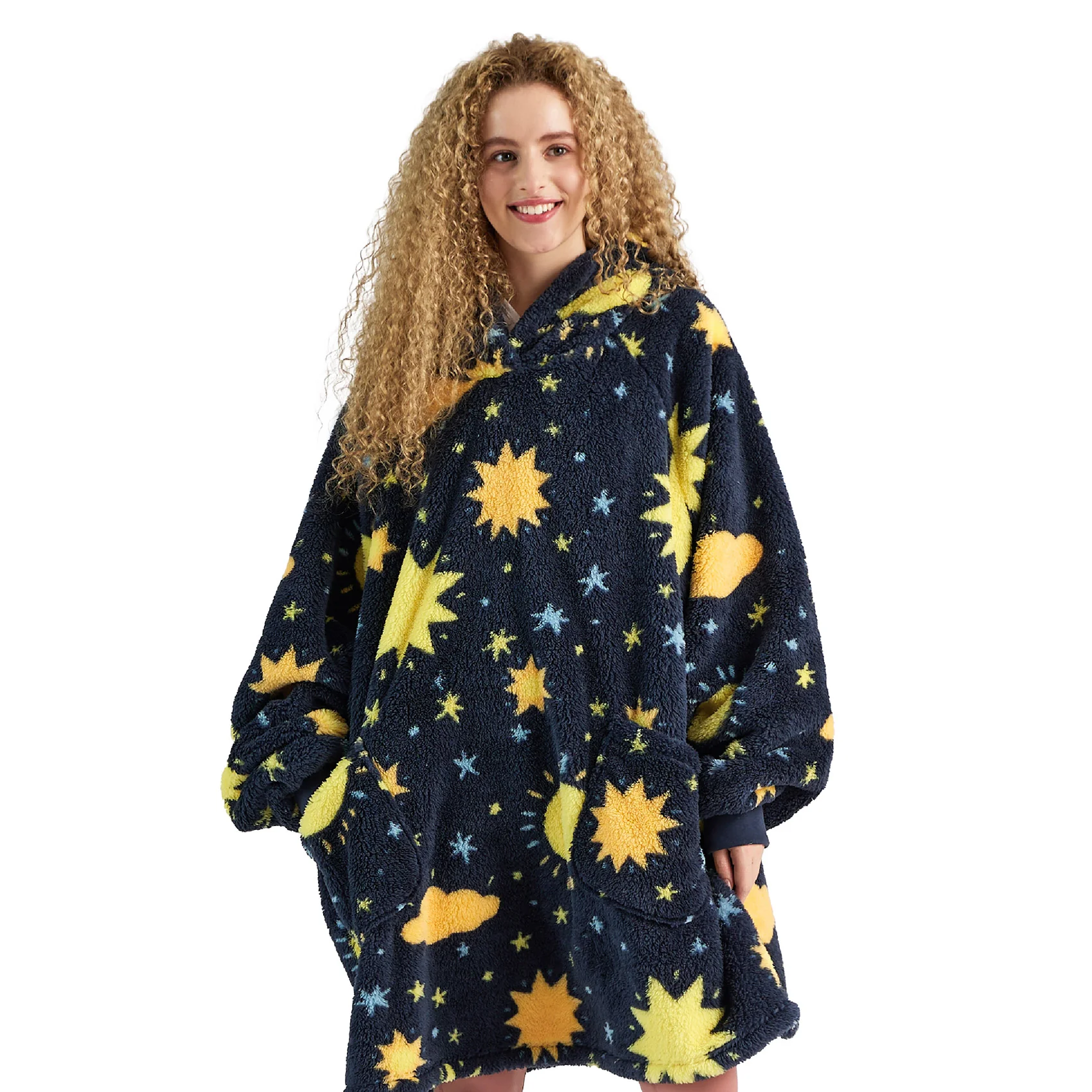GentleSoft® Printed Shaggy Sherpa Blanket Hoodie Navy Blue