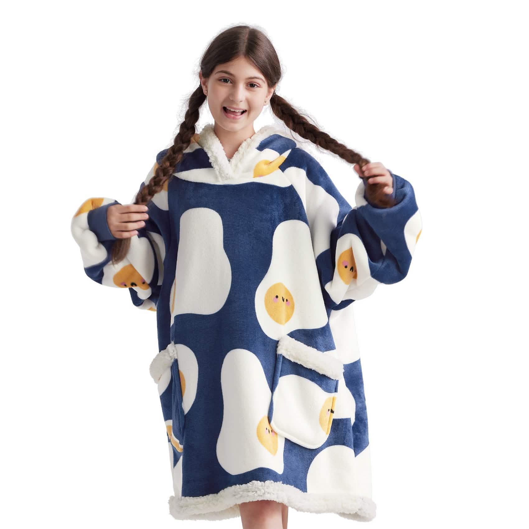 GentleSoft® Sherpa Fleece Printed Short Wearable Blanket Hoodie Denim Blue