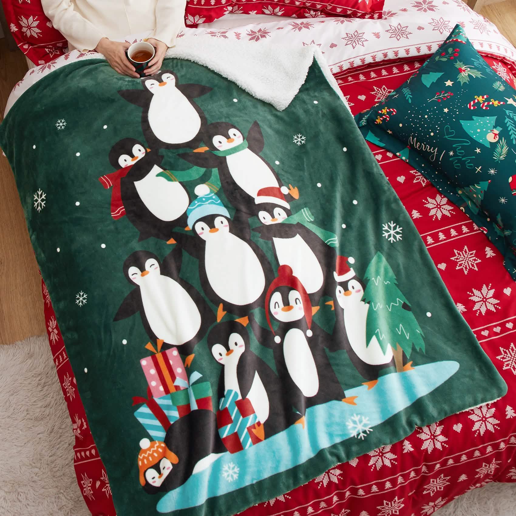GentleSoft® Christmas Penguin Green Sherpa Throw Blanket