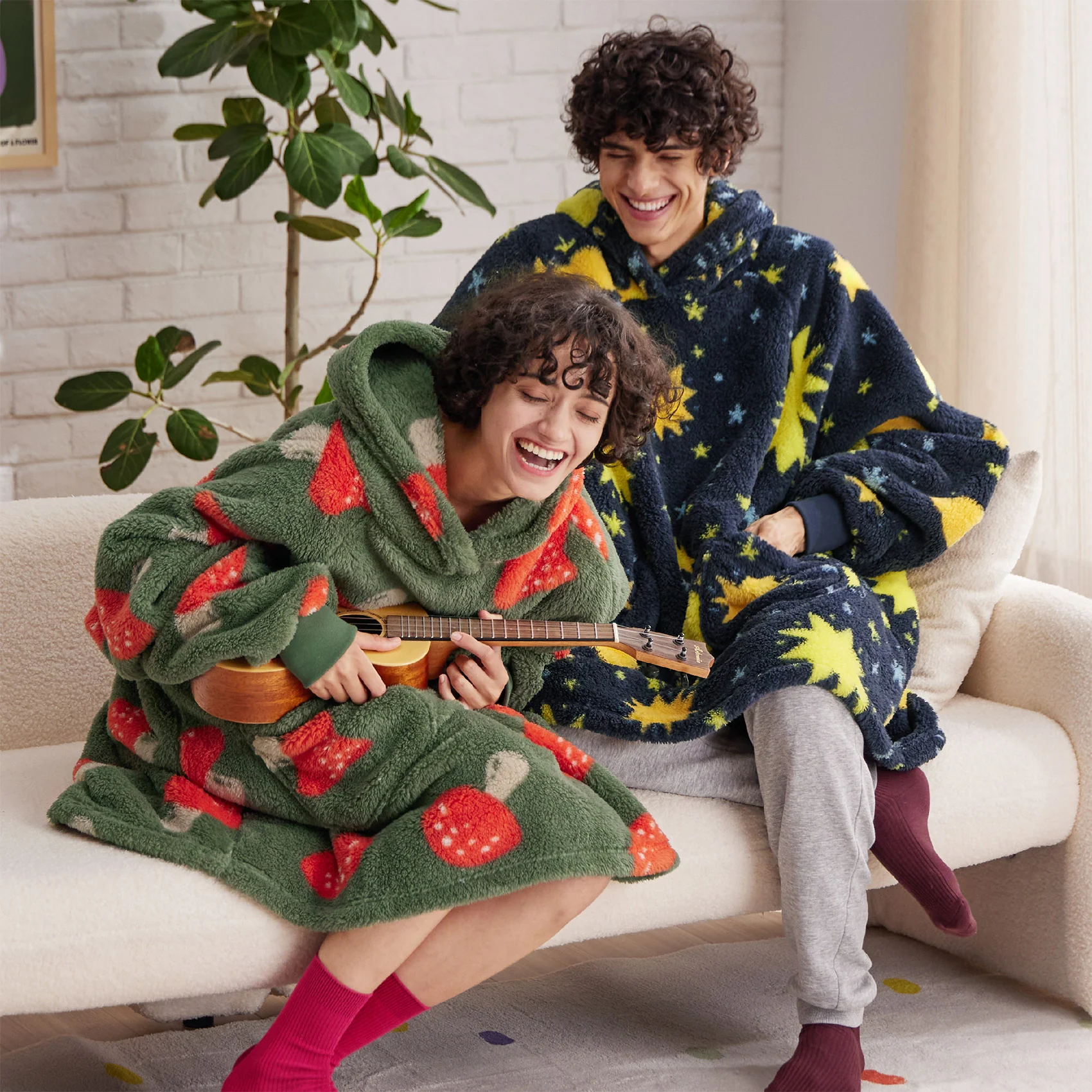 GentleSoft® Printed Shaggy Sherpa Blanket Hoodie Navy Blue