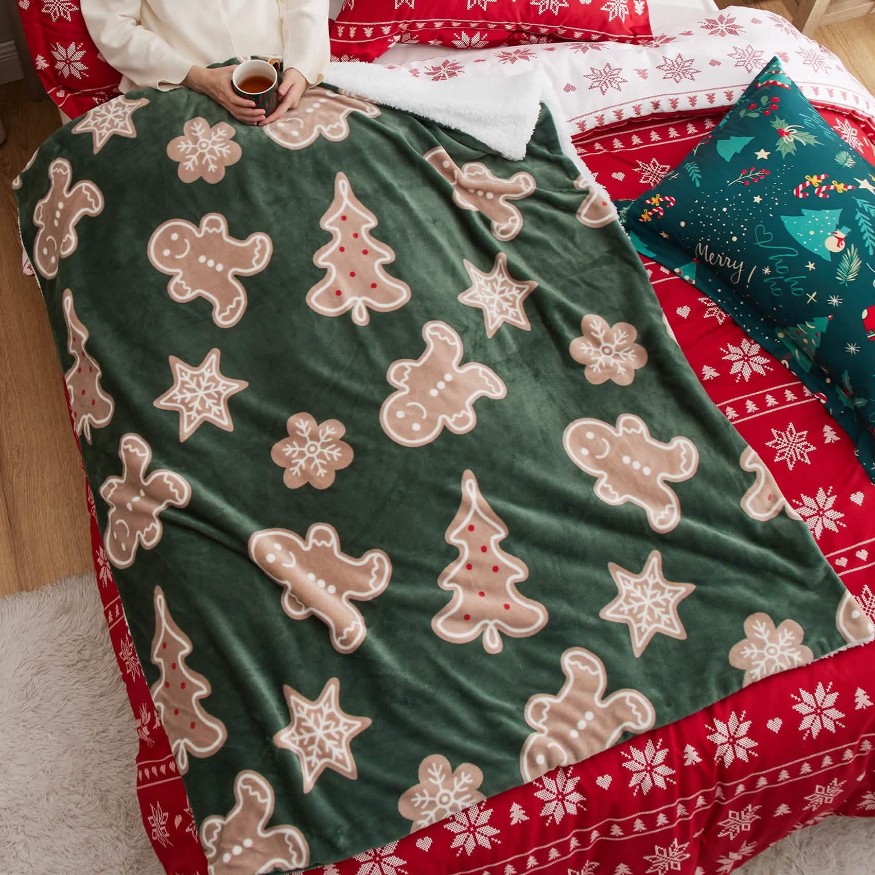 GentleSoft® Christmas Gingerbread Green Sherpa Throw Blanket