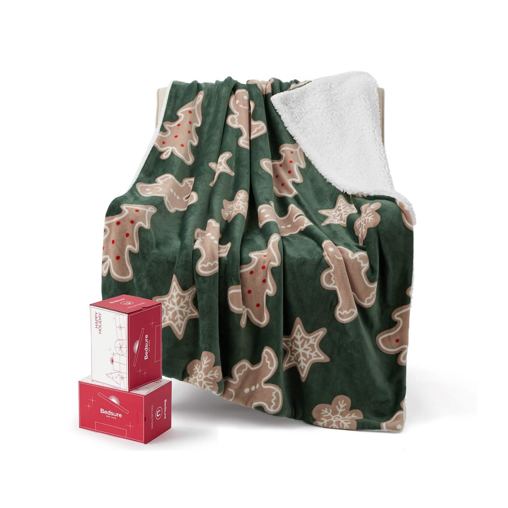 GentleSoft® Christmas Gingerbread Green Sherpa Throw Blanket