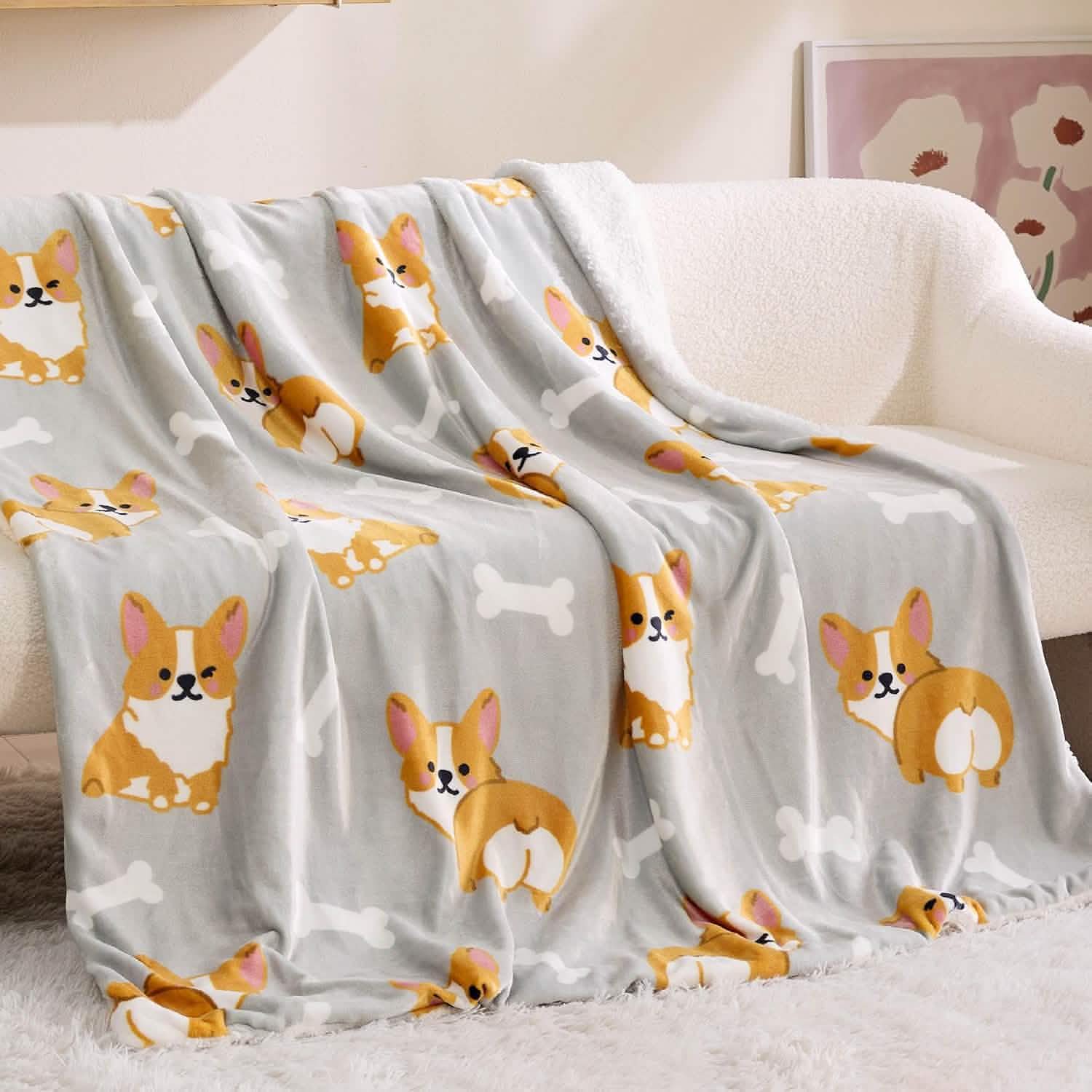 GentleSoft® Printed Throw Sherpa Blanket Print-corgi