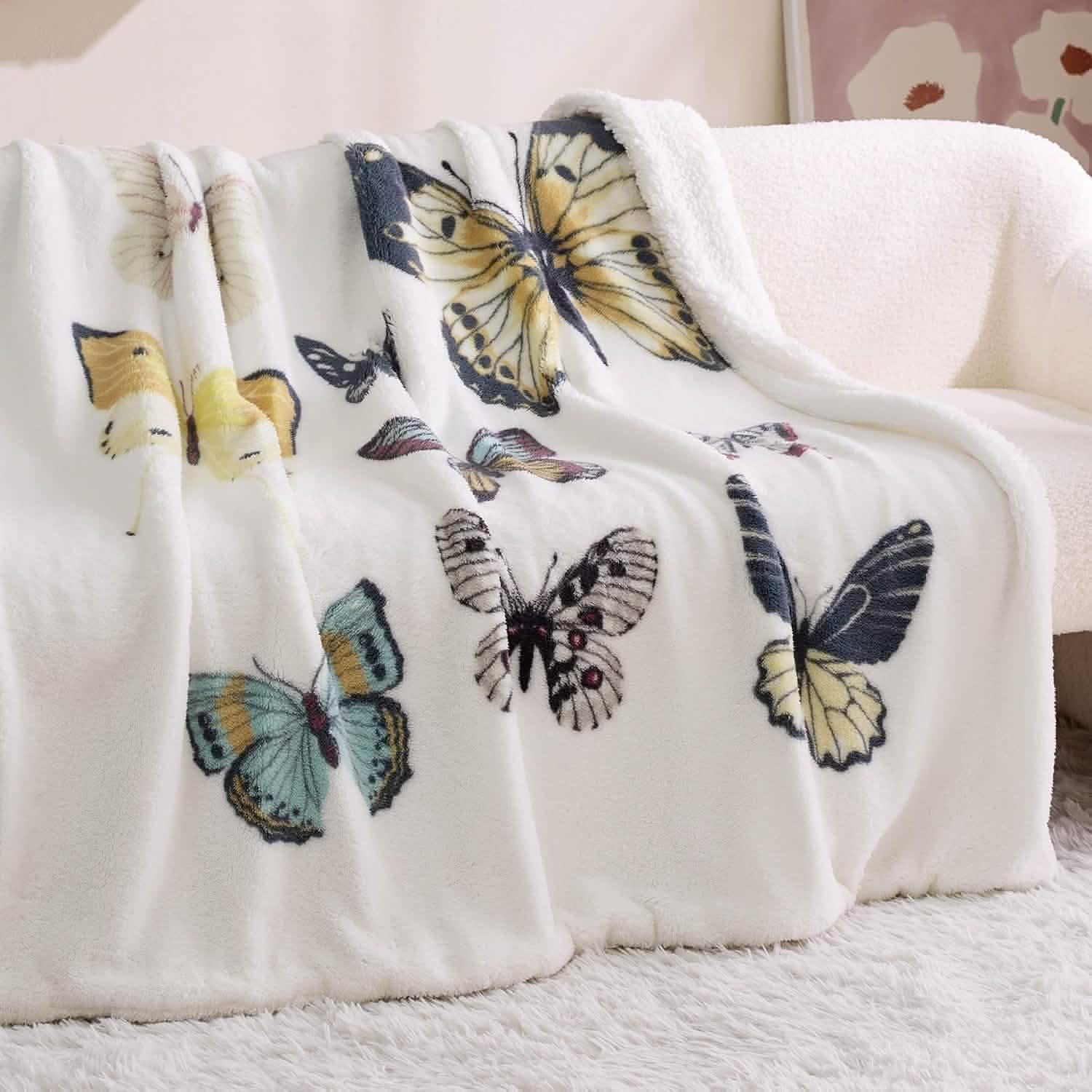 GentleSoft® Printed Throw Sherpa Blanket white Butterfly