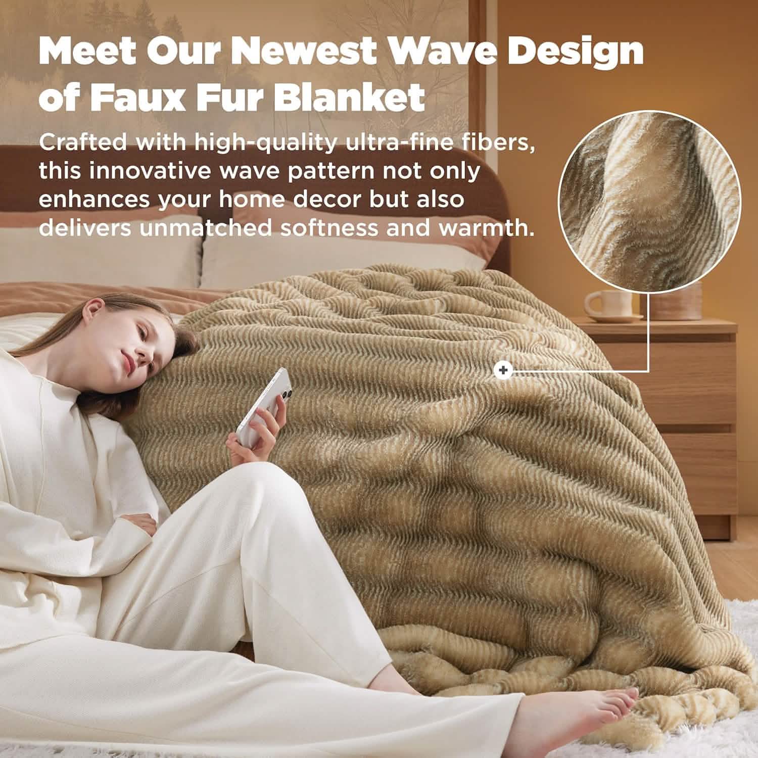 GentleSoft® Fluffy Striped Faux Fur Blanket Beige