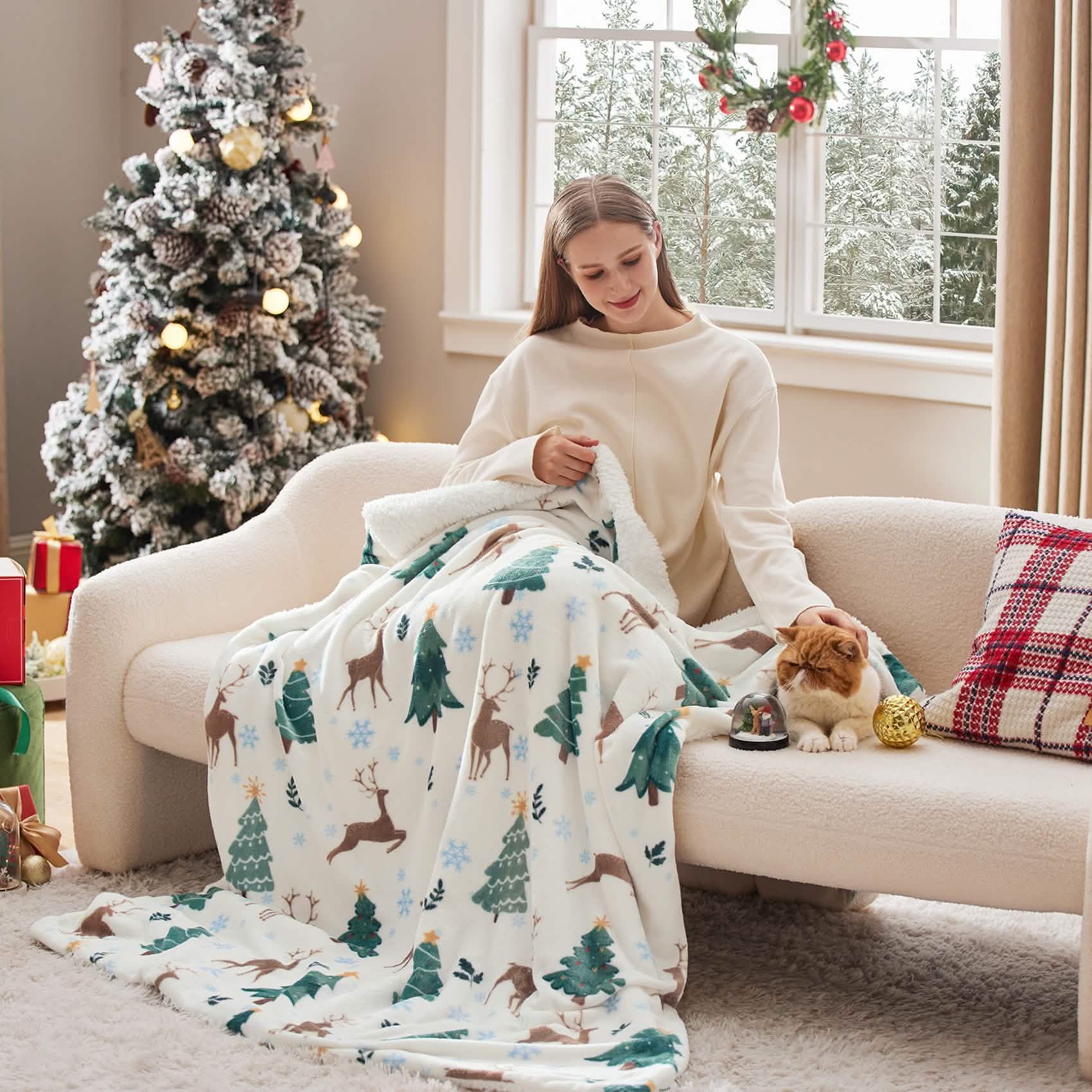 GentleSoft® Christmas Elk White Sherpa Throw Blanket