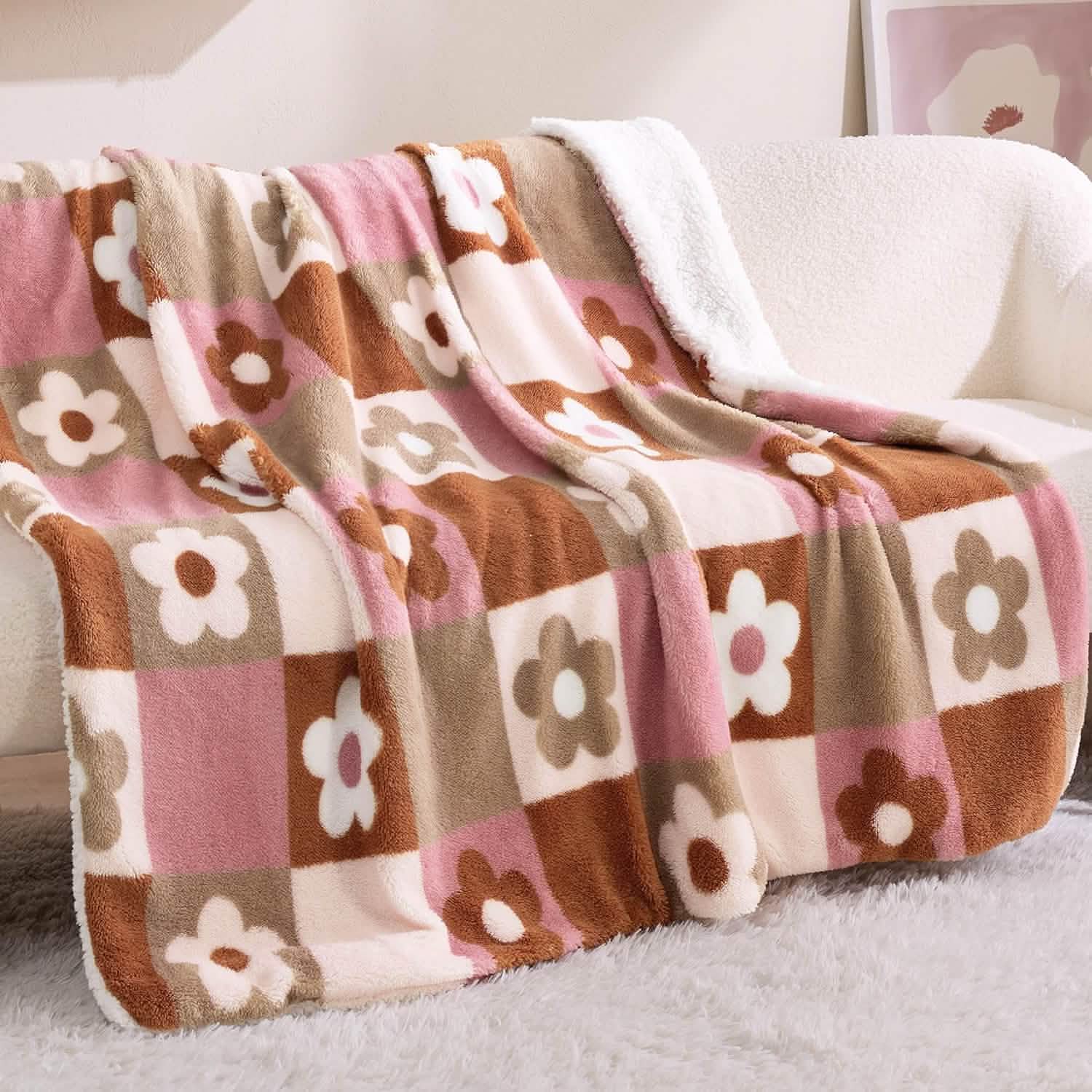 GentleSoft® Printed Throw Sherpa Blanket flower Checkboard
