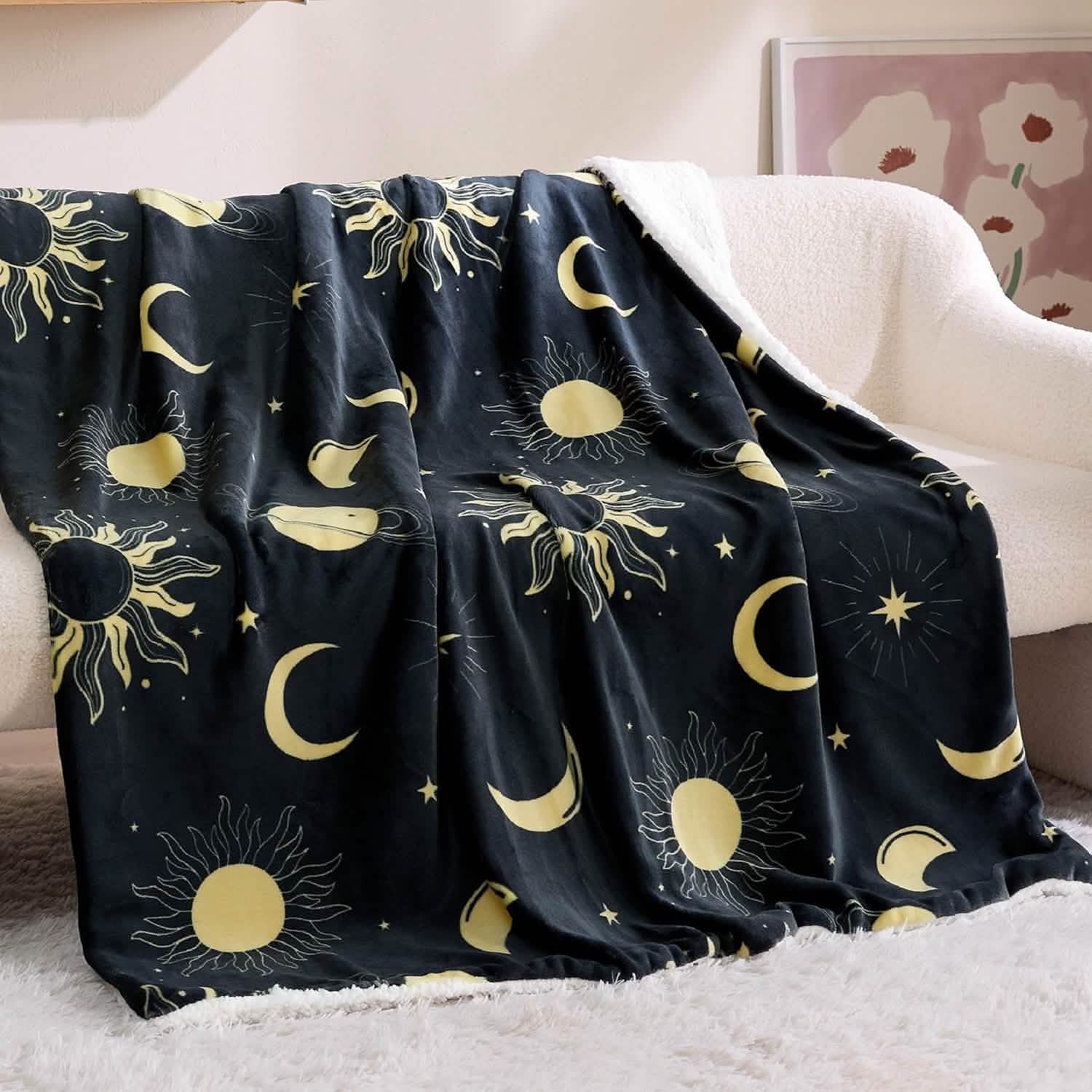 GentleSoft® Printed Throw Sherpa Blanket Sun and Moon