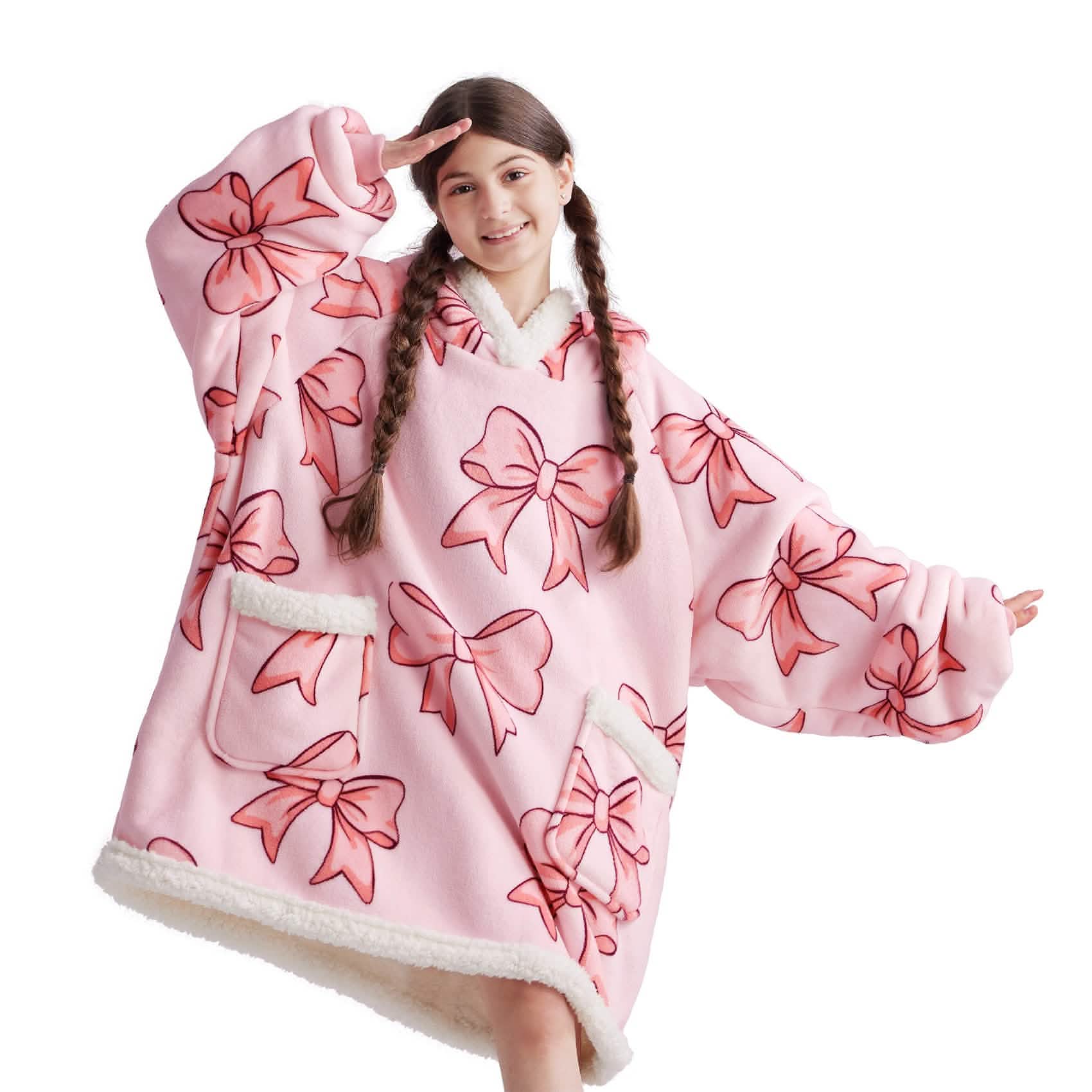 GentleSoft® Sherpa Fleece Printed Short Wearable Blanket Hoodie Pink