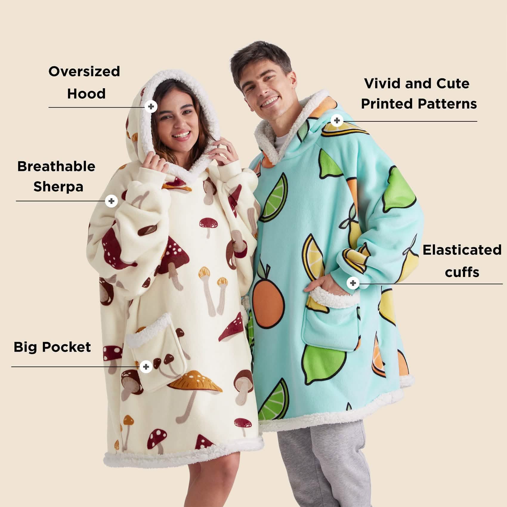 GentleSoft® Cute Printed Patterns Sherpa Blanket Hoodie Beige