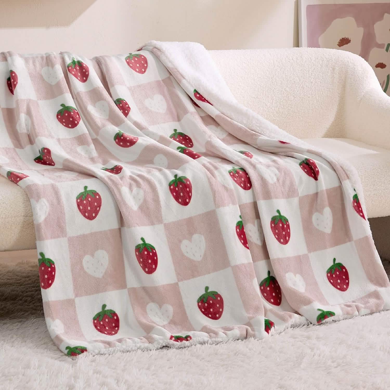 GentleSoft® Printed Throw Sherpa Blanket Strawberry Checkboard