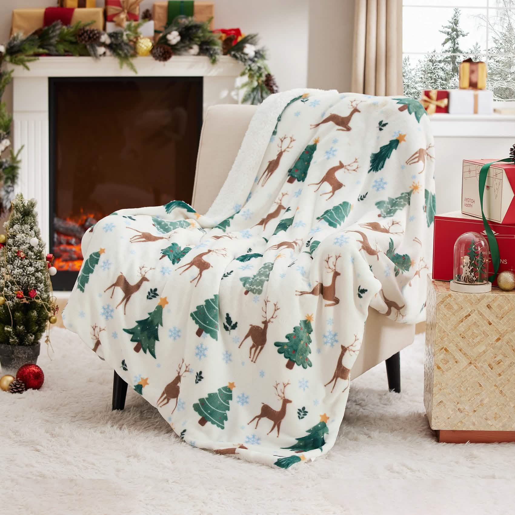 GentleSoft® Christmas Elk White Sherpa Throw Blanket