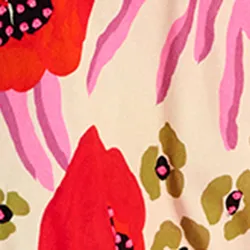 Ecru, red and pink abstract print midi-length dress