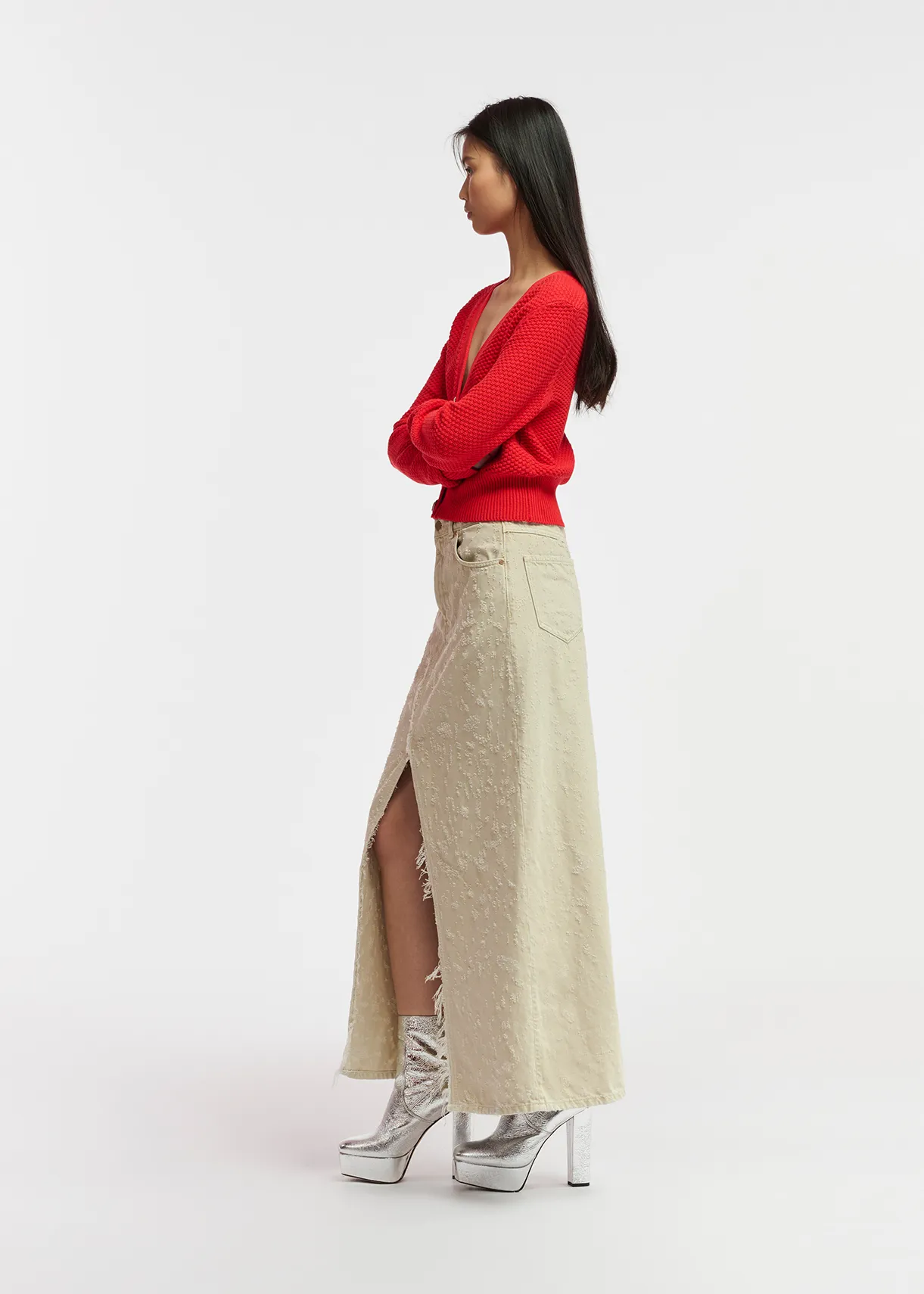 Ecru denim maxi skirt