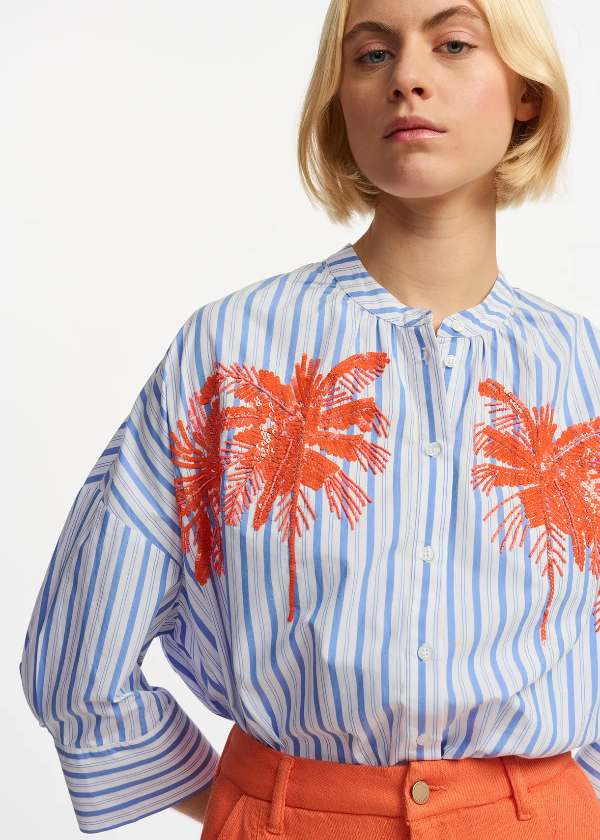 Blue and white striped cotton shirt with embroidery