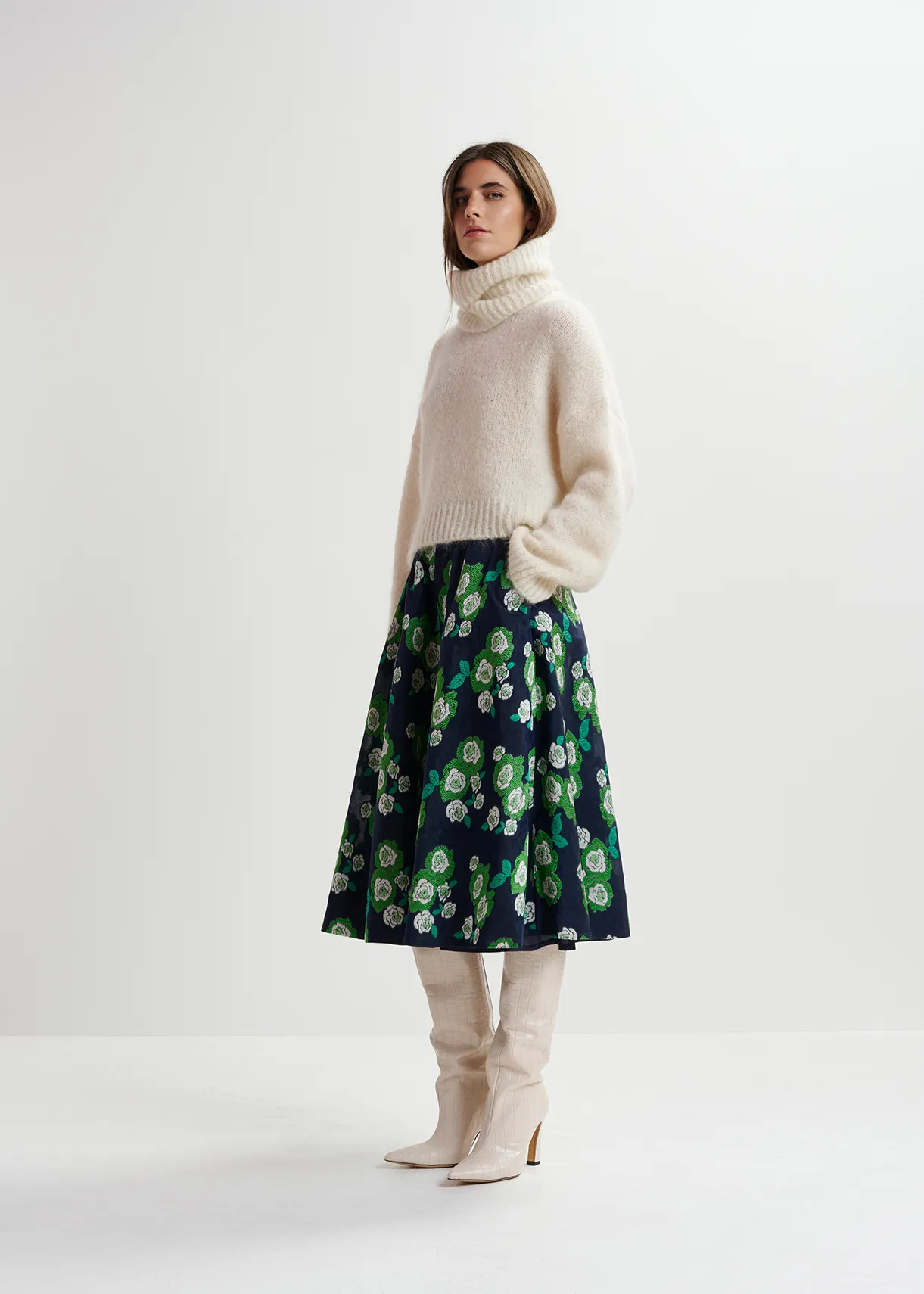 Navy blue floral-jacquard midi skirt