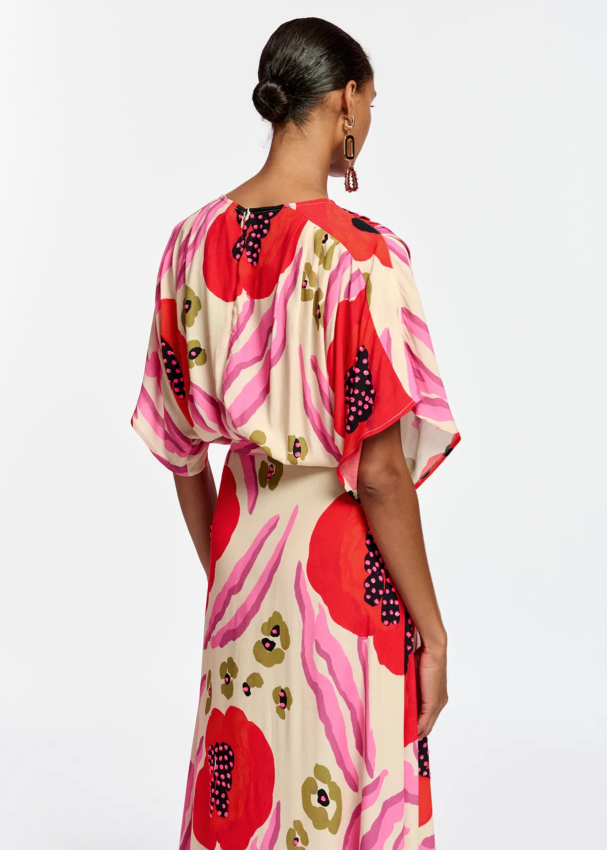 Ecru, red and pink abstract print midi-length dress
