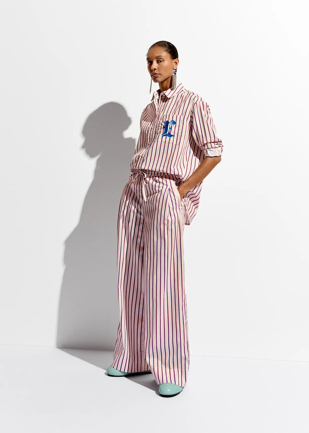Ecru, burgundy and blue striped cotton shirt with 'E' embroidery