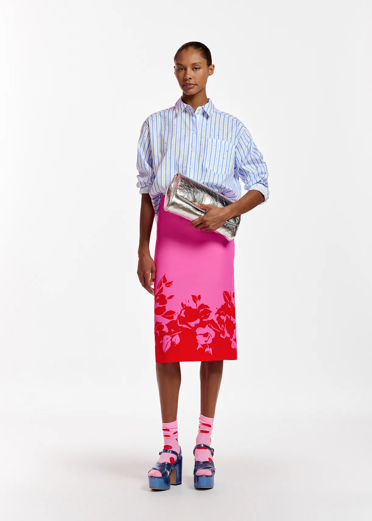 Pink and red floral print midi skirt