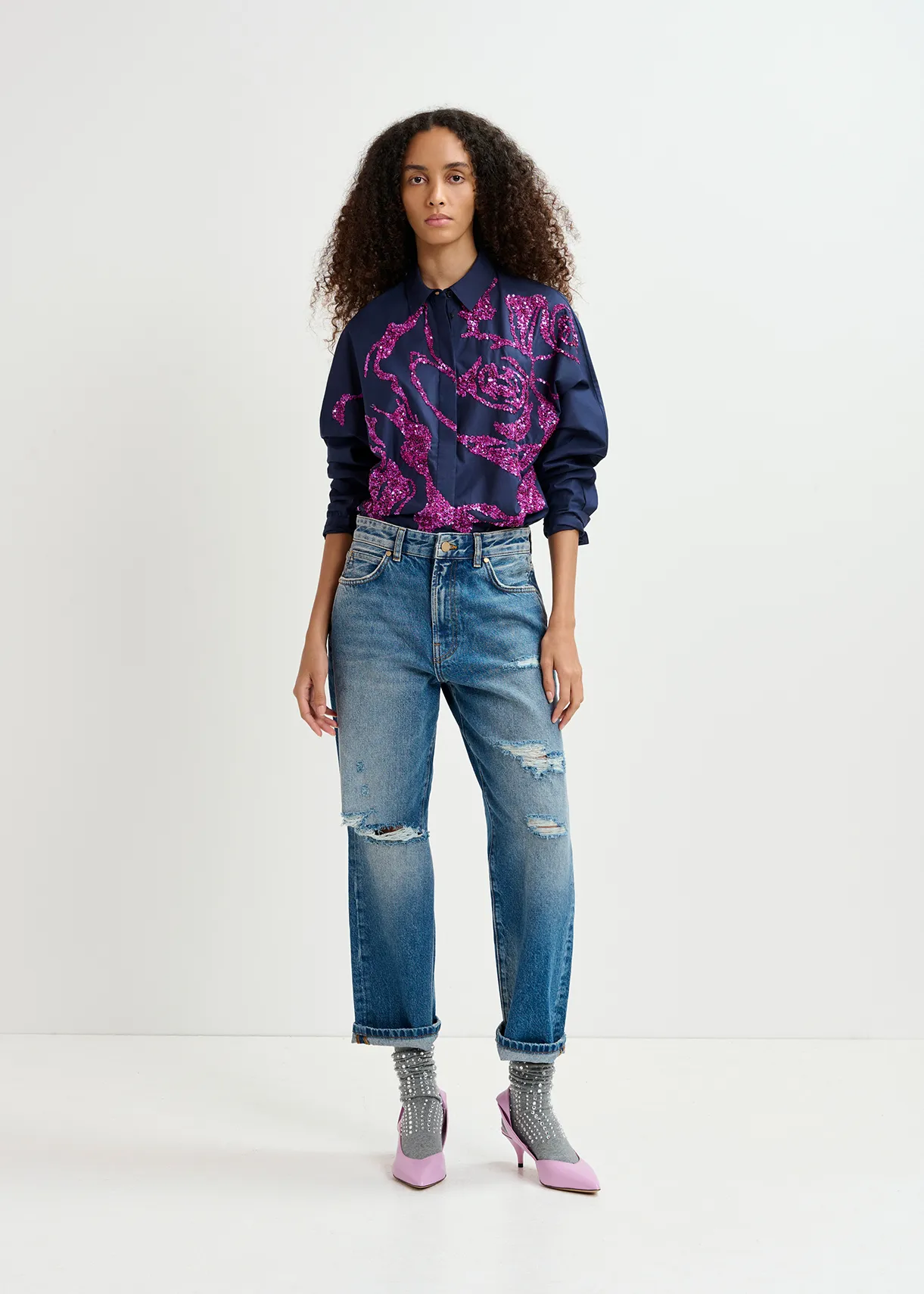 Navy blue cotton shirt with sequin embroideries