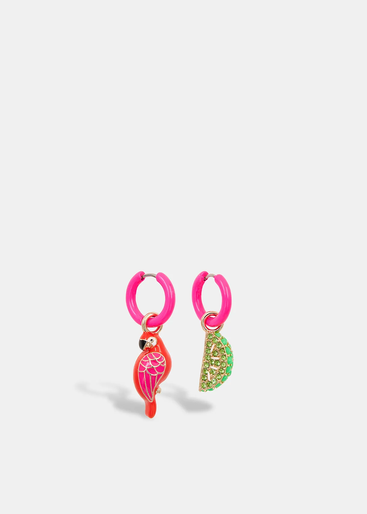 Neon pink hoop earrings with parrot and lime pendants