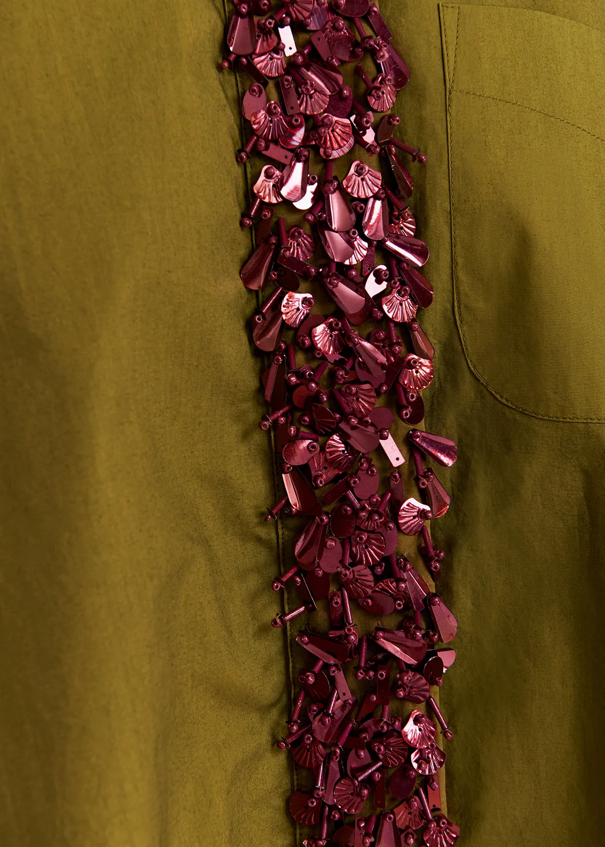 Khaki cotton shirt with embellished button placket