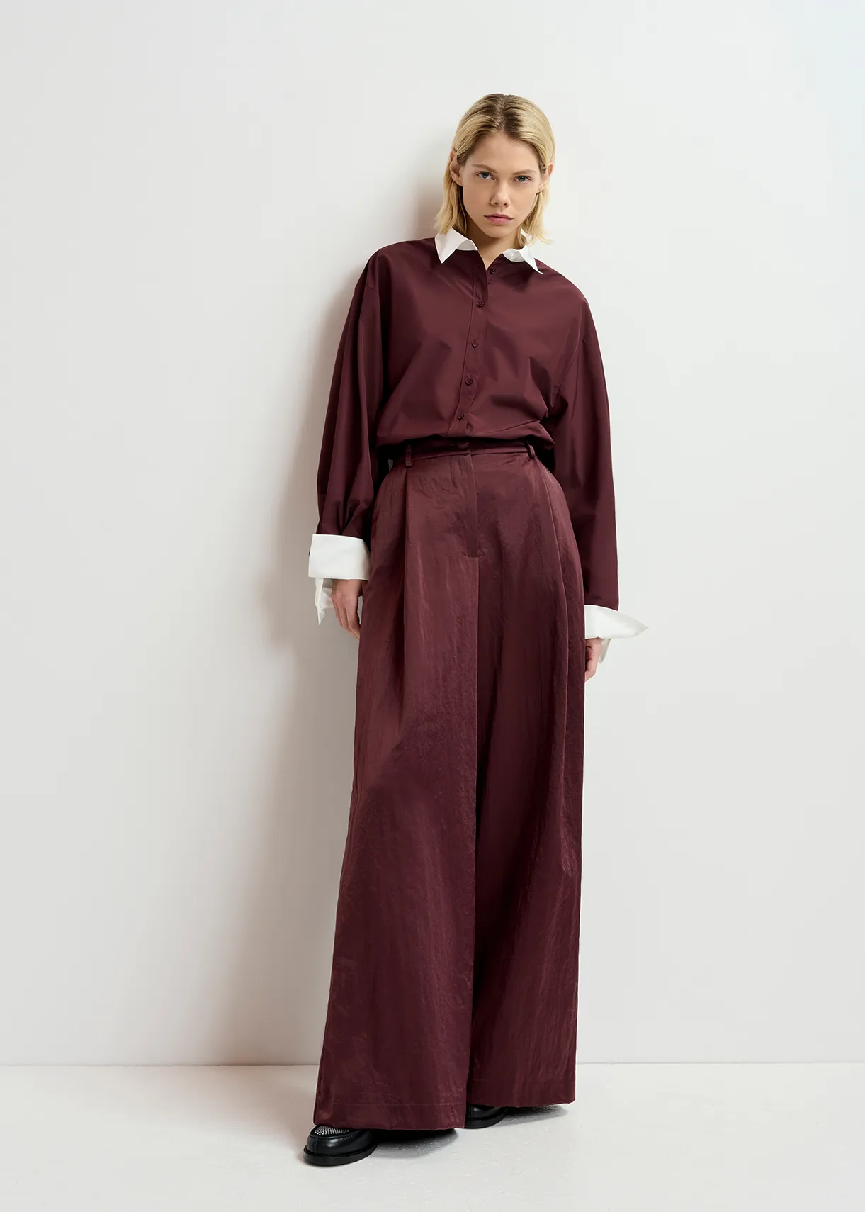 Maroon satin wide-leg pants