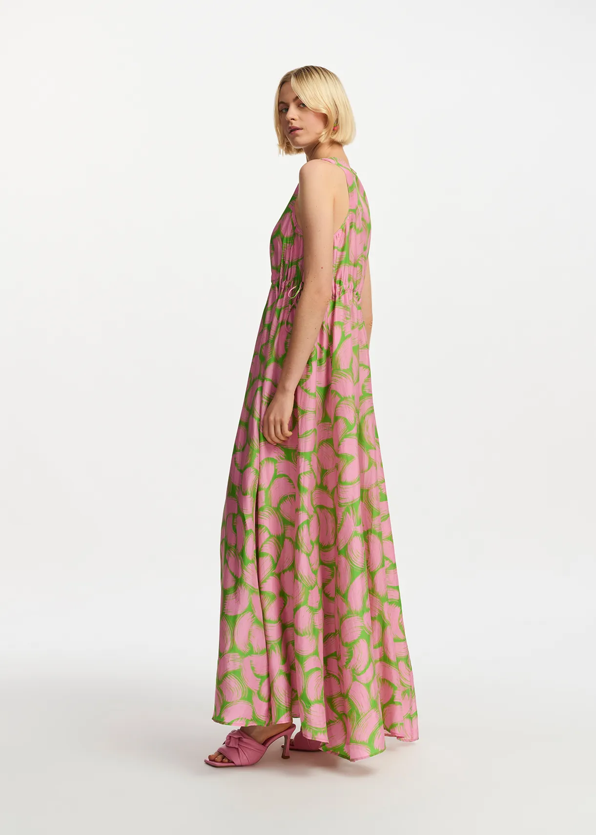 Green and light pink silk dress with abstract print