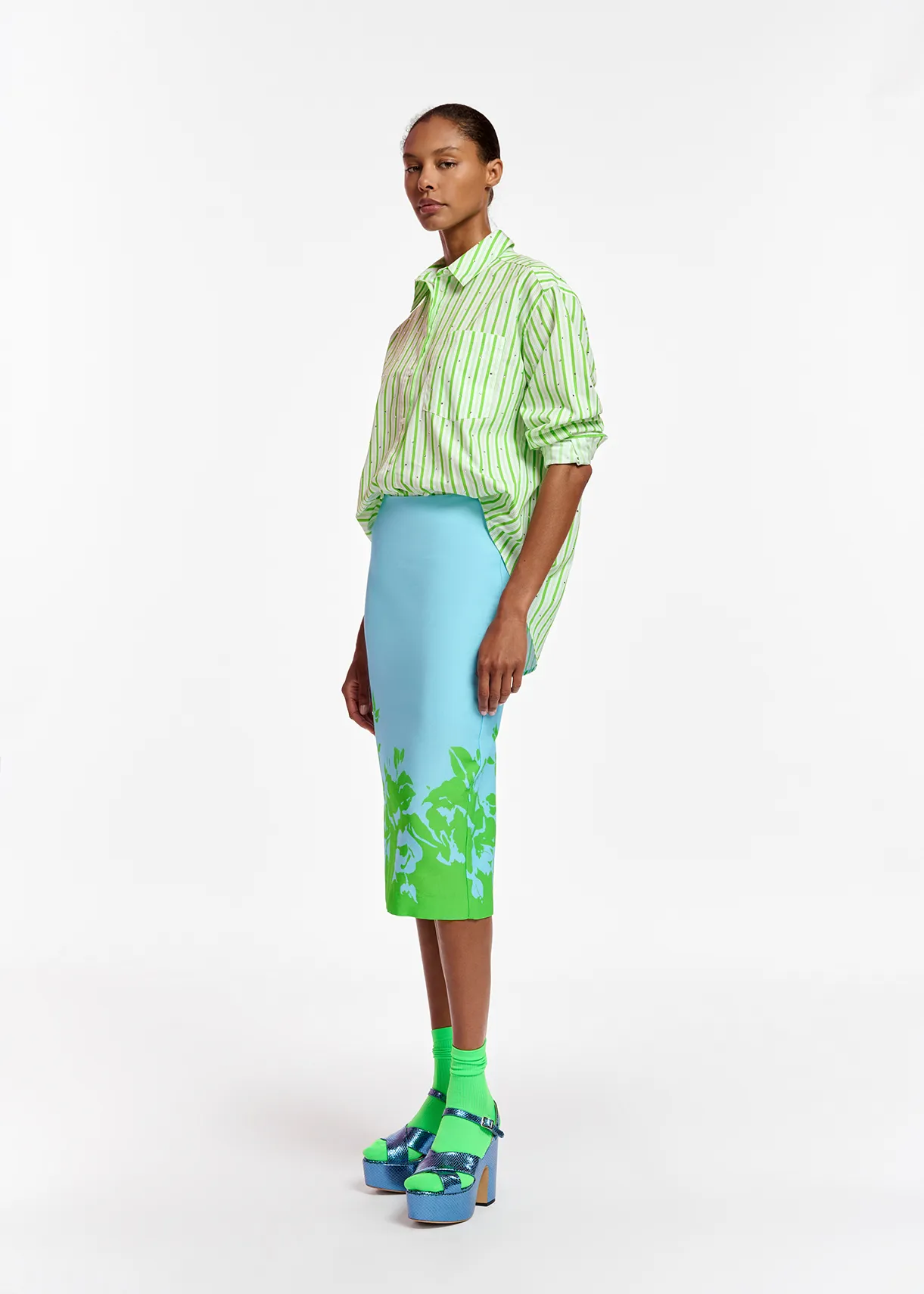 White and green striped cotton shirt with rhinestone embellishments
