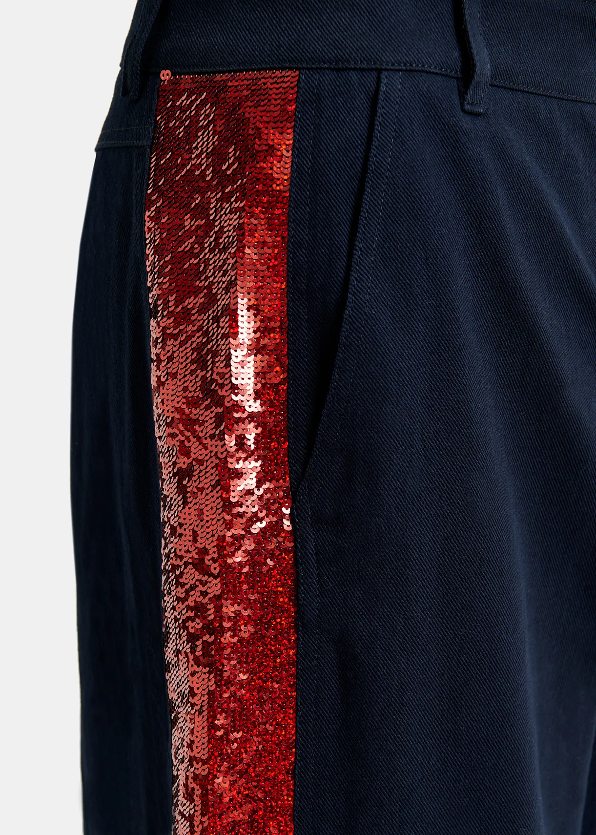 Navy blue cotton pants with sequin-embellished stripes