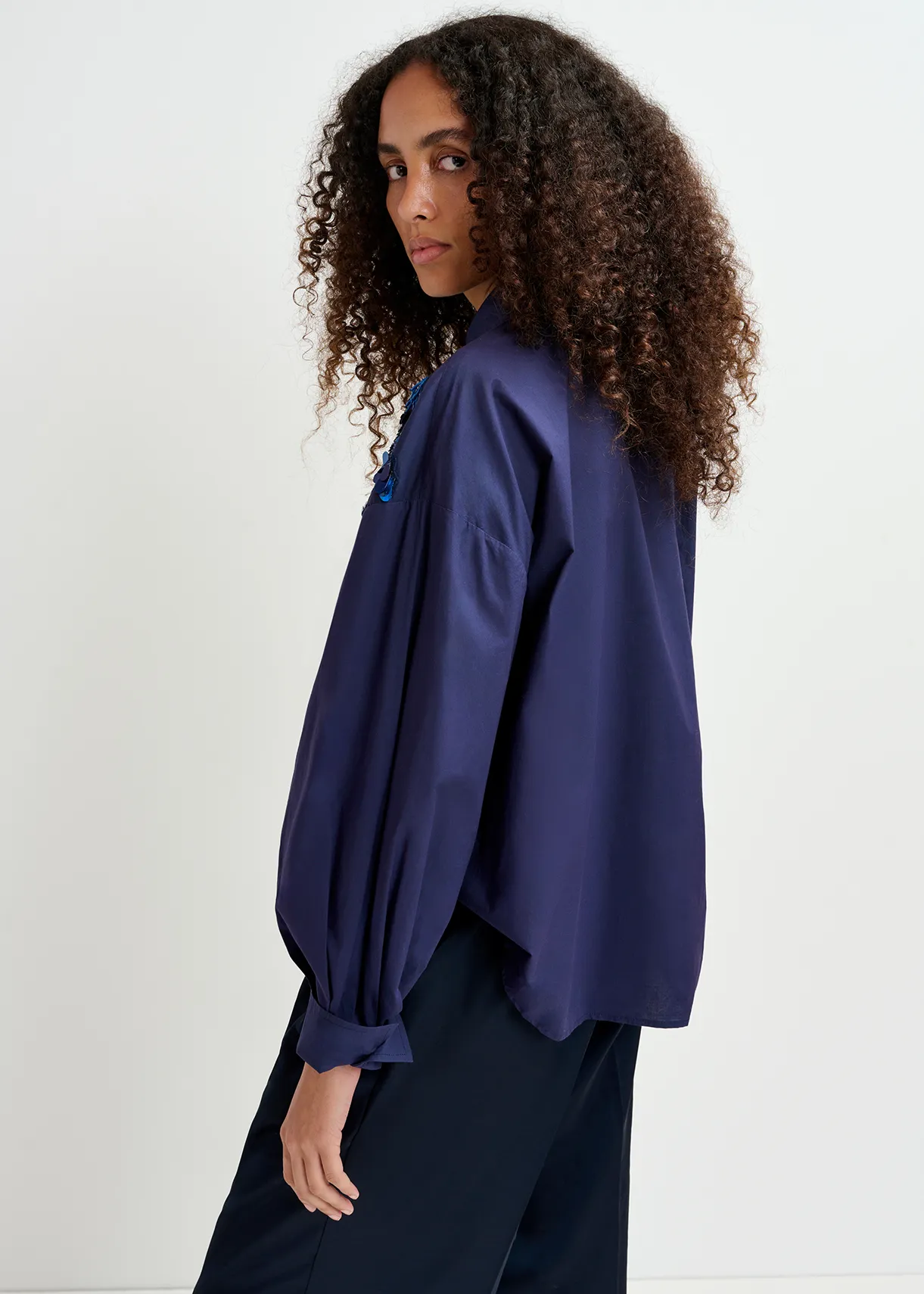 Navy blue cotton shirt with sequin and beaded embroideries