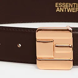 Dark brown leather belt with E-shaped buckle