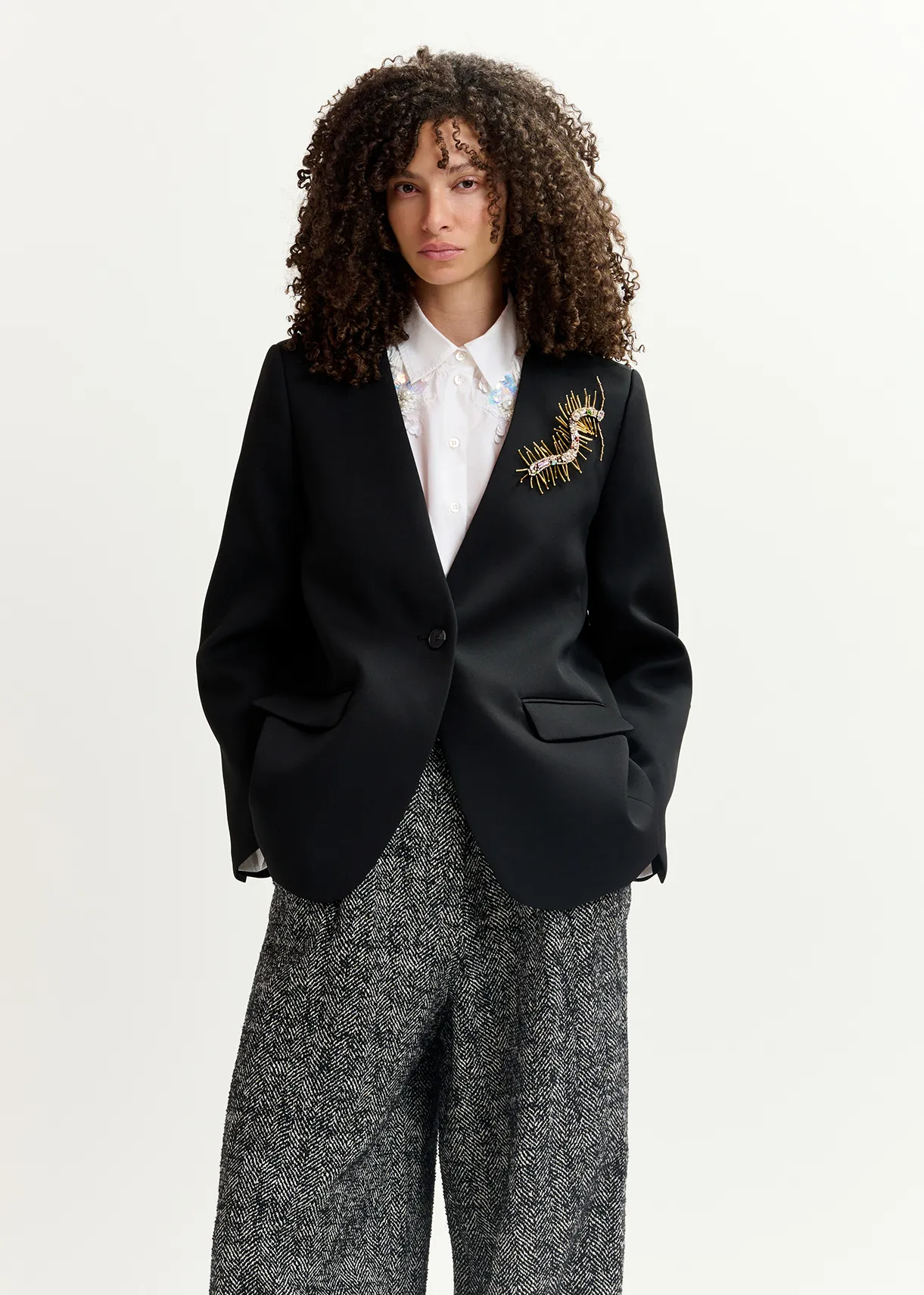 White cotton shirt with sequin and beaded embroideries