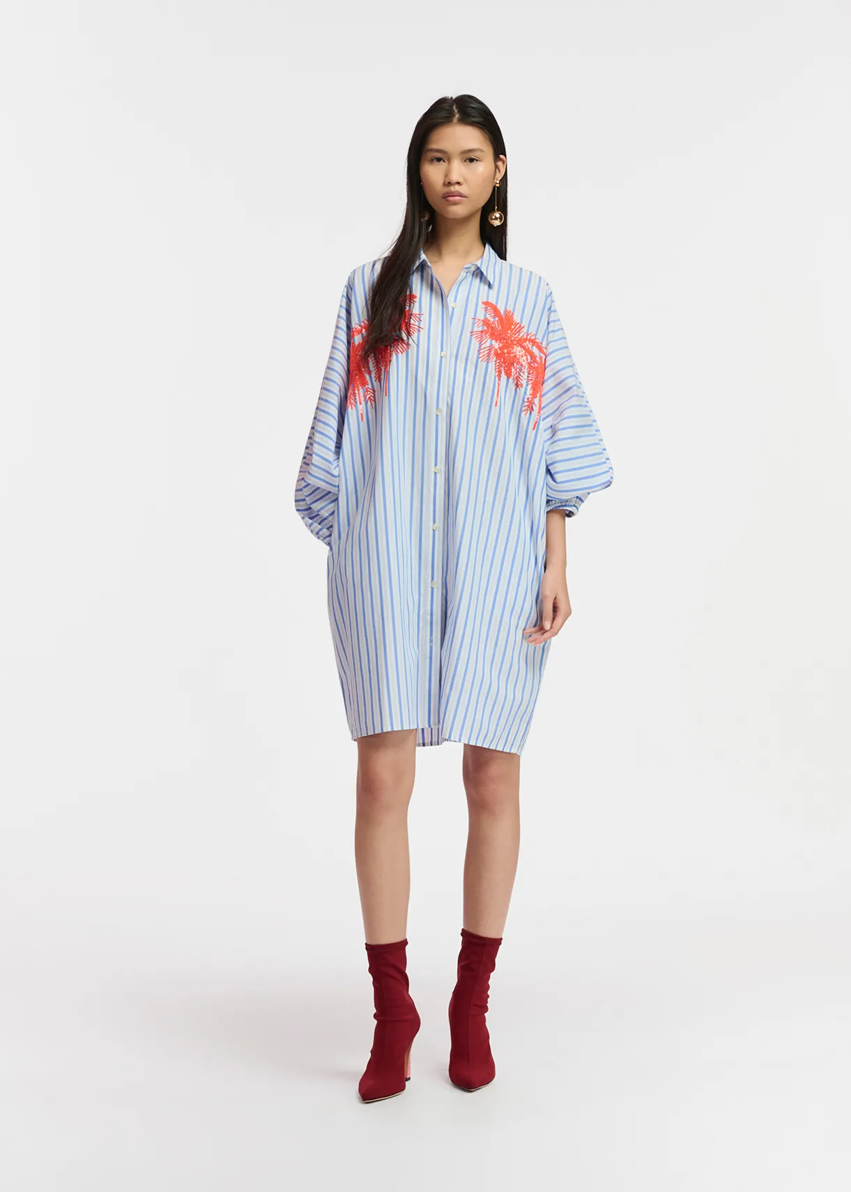 Blue and white striped cotton mini shirt dress with embroidery