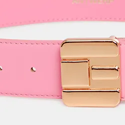 Pink leather belt with E-shaped buckle