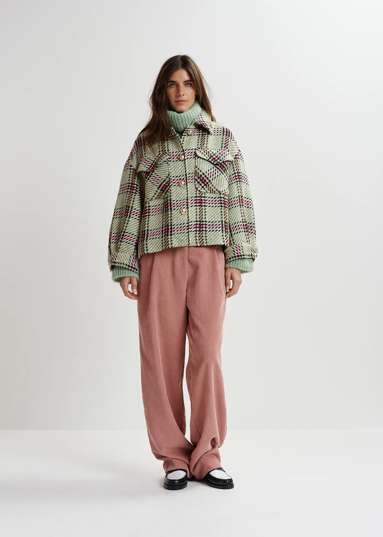 Ecru, black and green checked oversized jacket