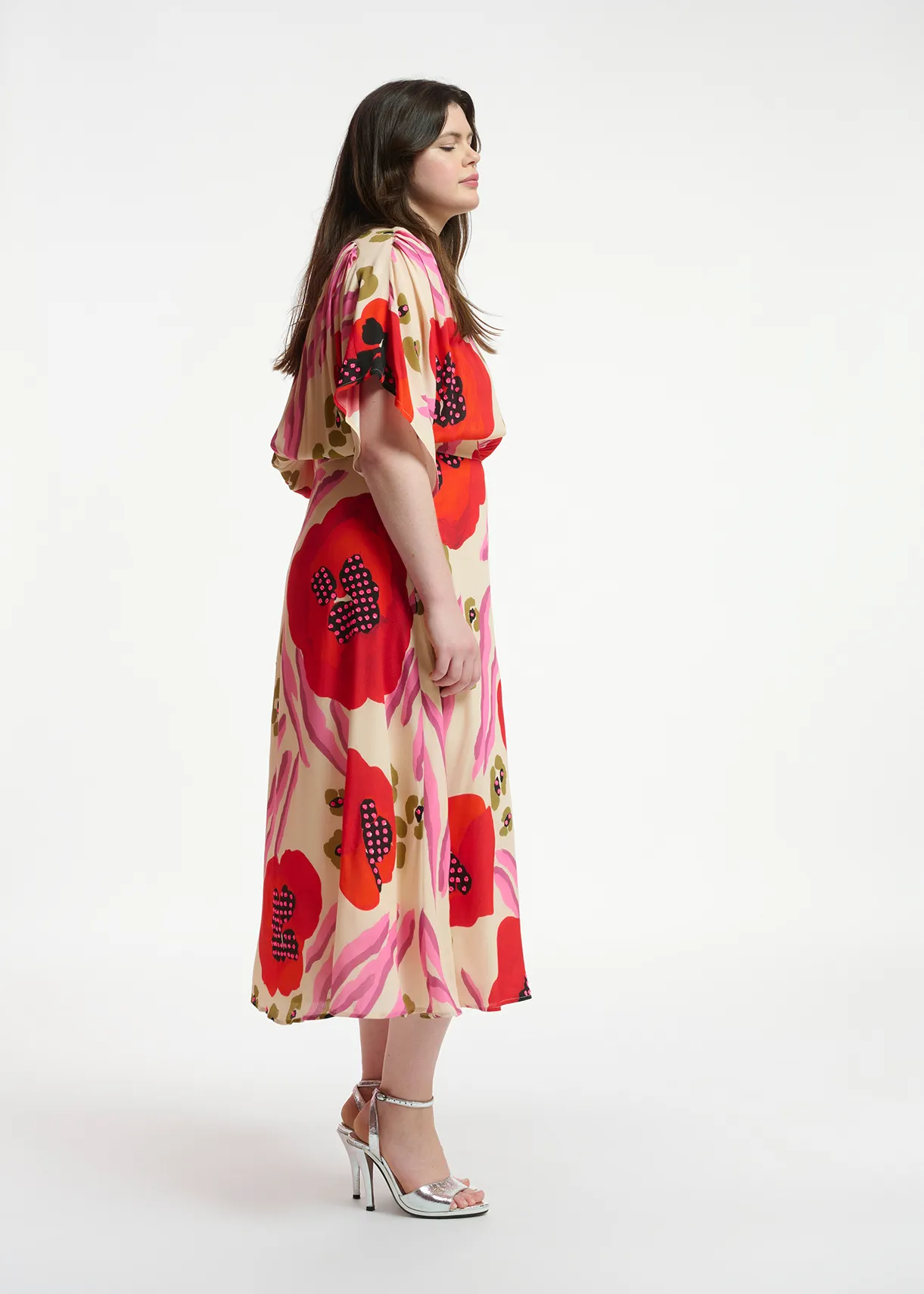 Ecru, red and pink abstract print midi-length dress