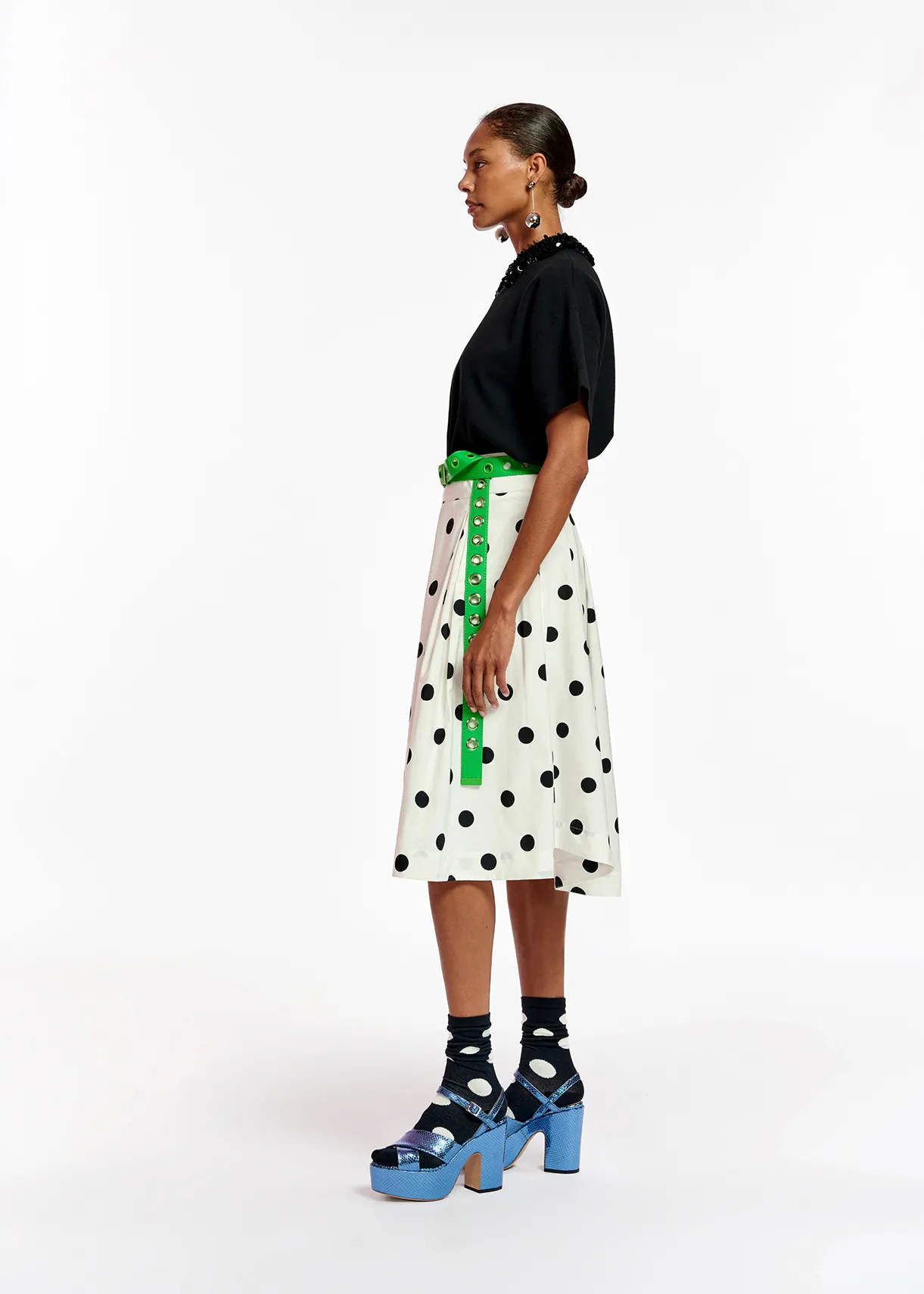 White and black polka-dot pleated midi skirt