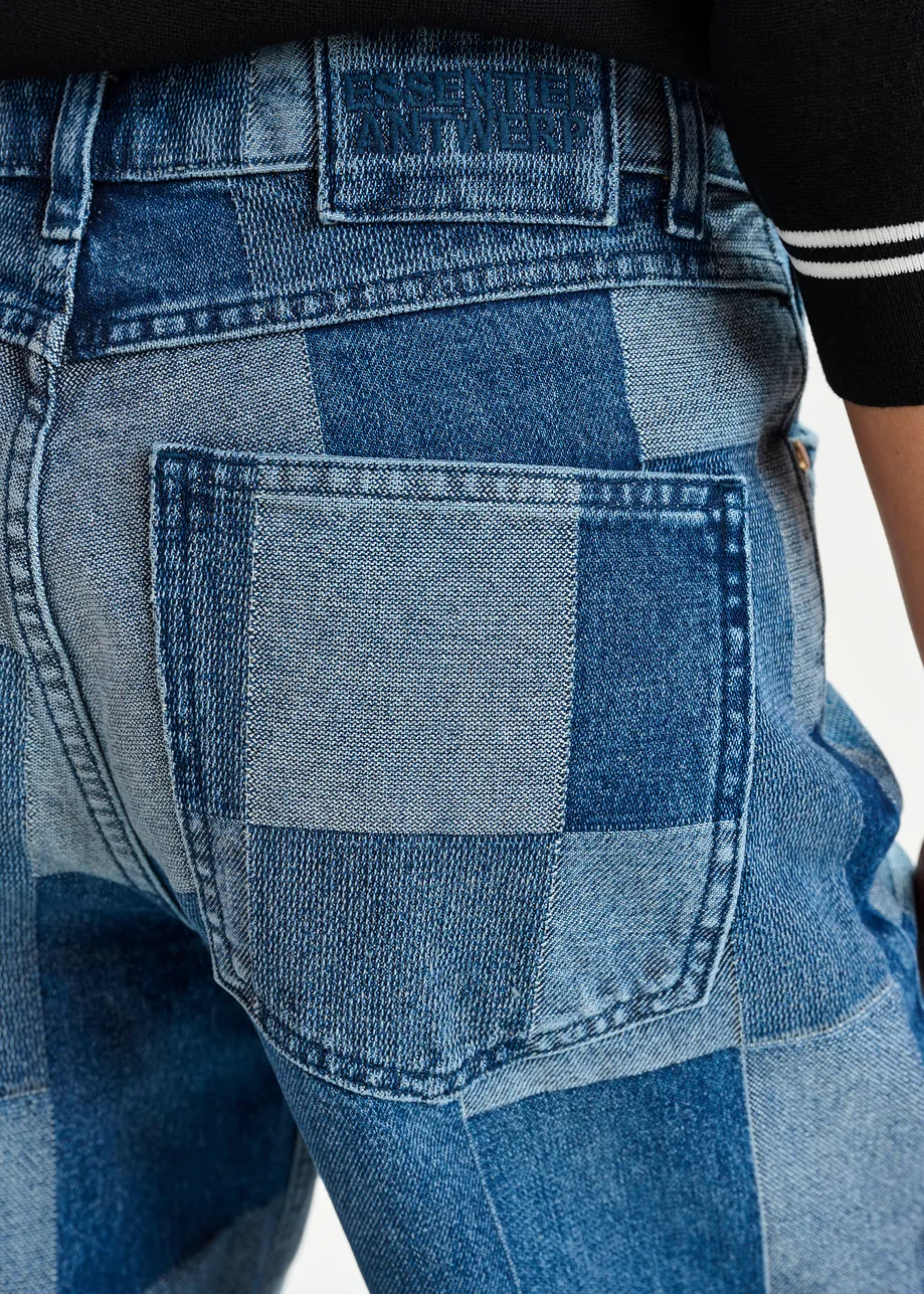 Blue straight-leg patchwork blue jeans