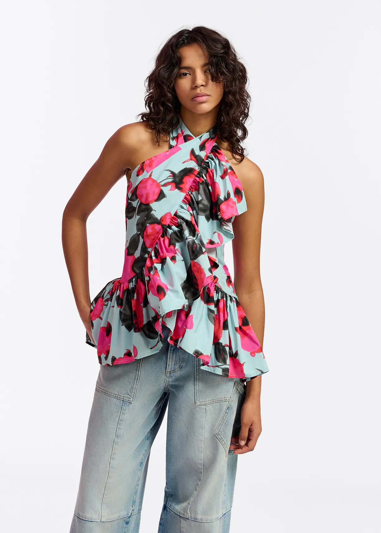 Light blue halter neck top with floral-print