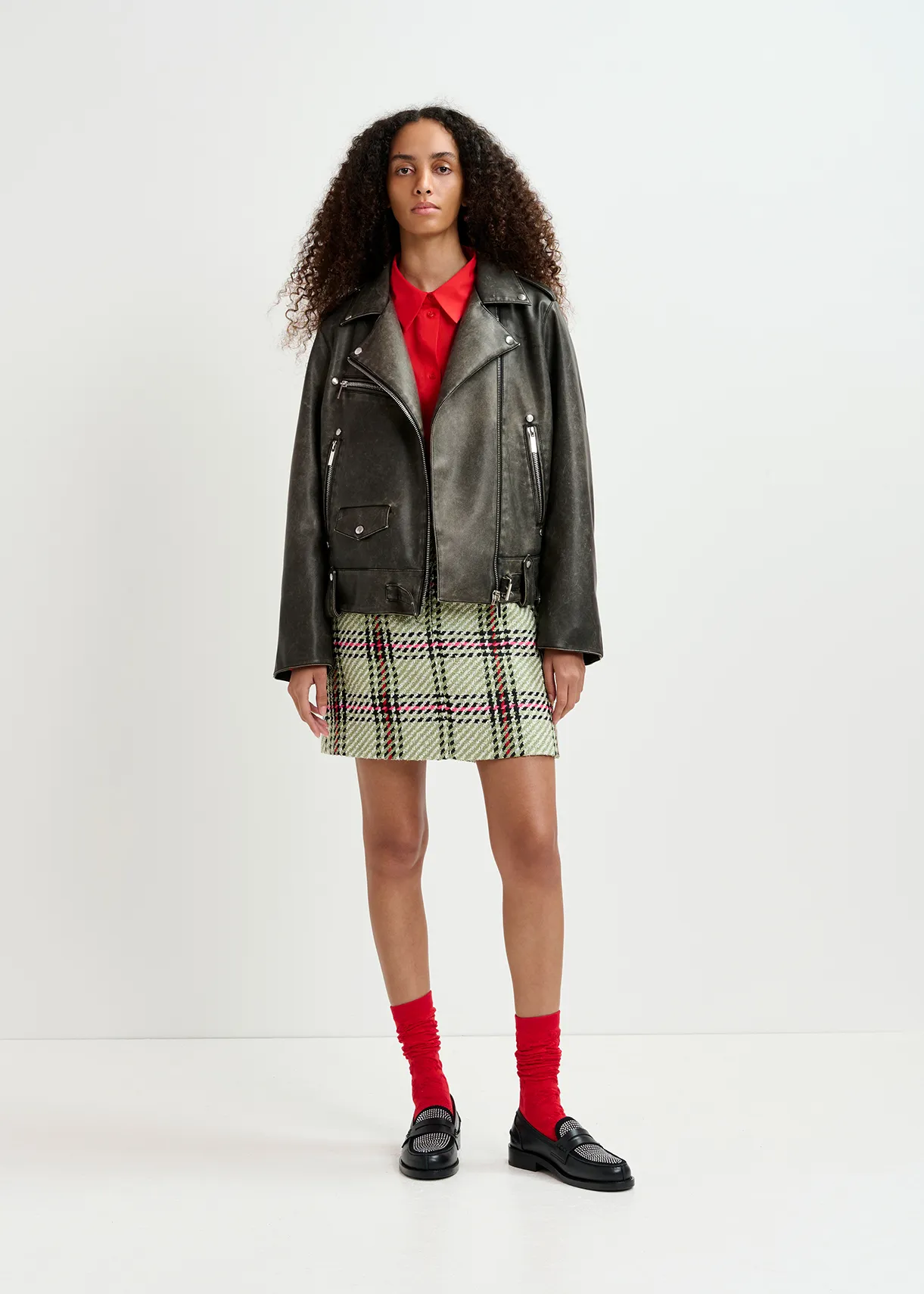Ecru, black and green checked mini skirt