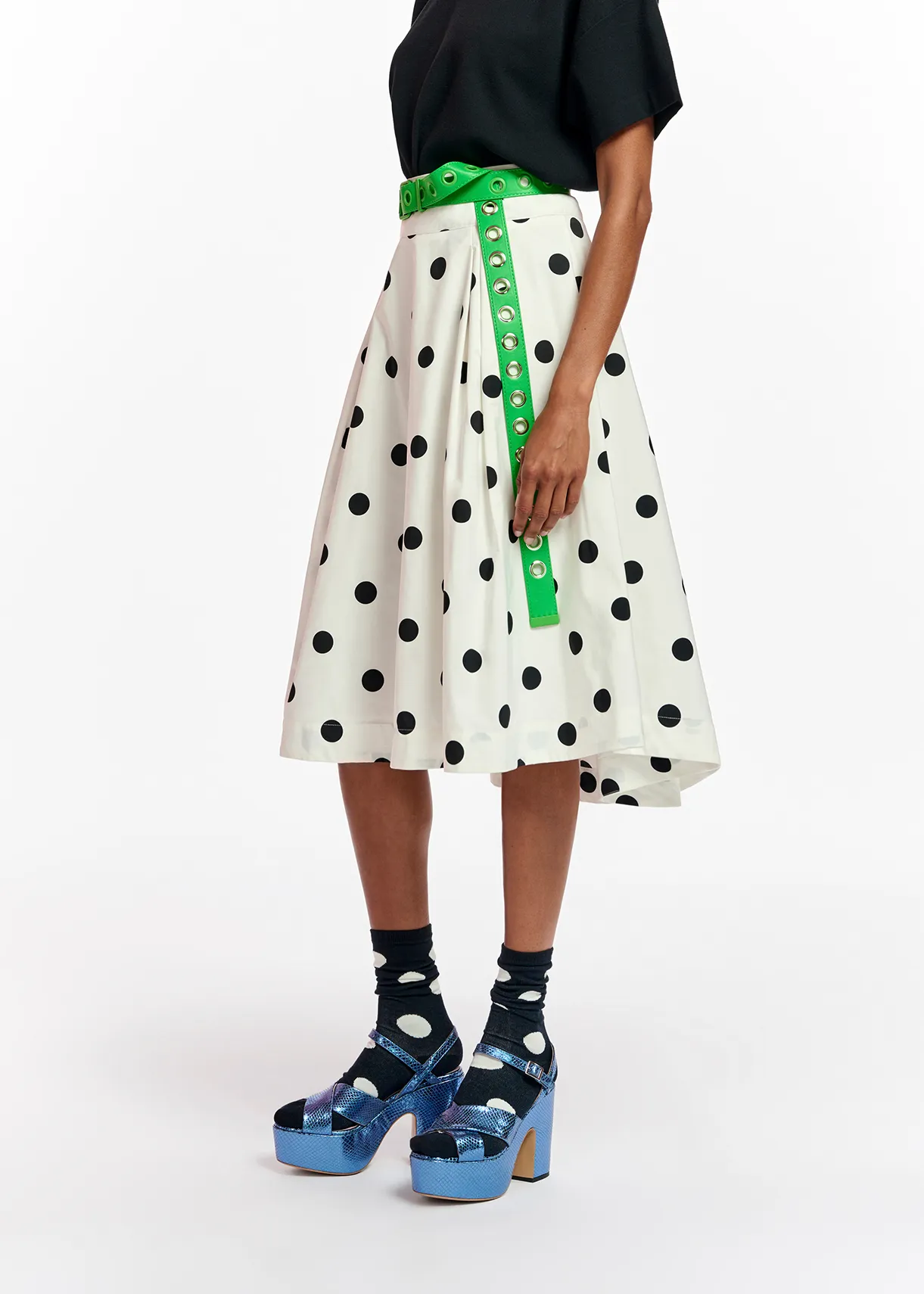 White and black polka-dot pleated midi skirt
