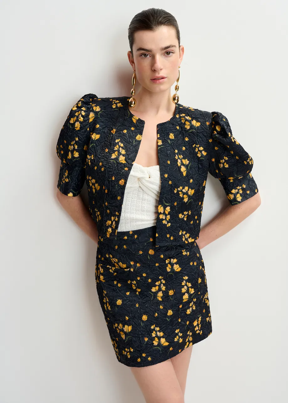 White floral-print cropped jacket with puffed shoulders