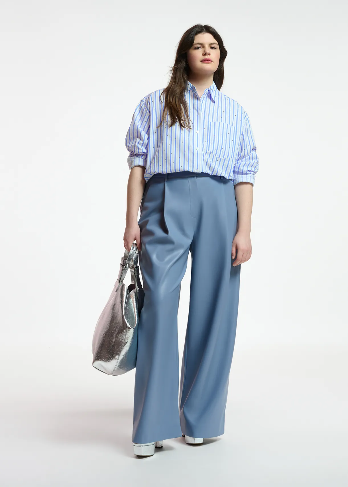 White and blue striped cotton shirt with rhinestone embellishments