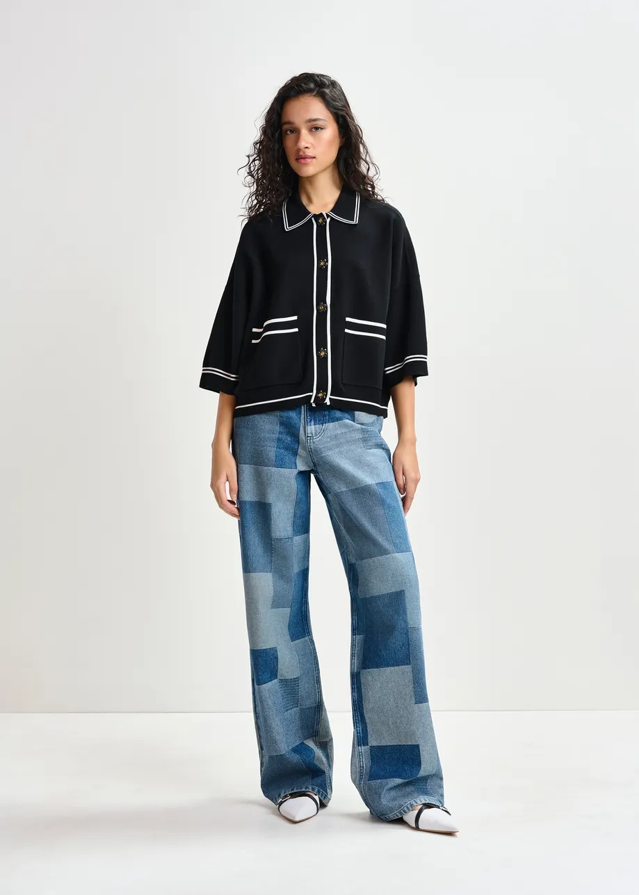 Blue straight-leg patchwork blue jeans