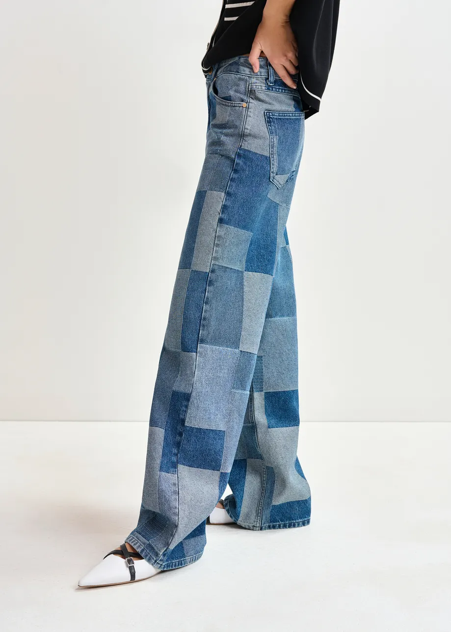 Blue straight-leg patchwork blue jeans